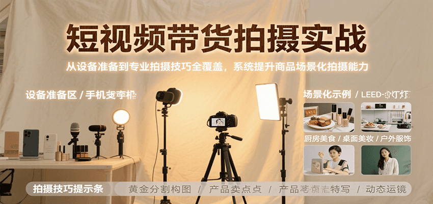 20260302032401-69a502d11cb89.png 短视频带货拍摄实战,从设备准备到专业拍摄技巧全覆盖,系统提升商品场景化拍摄能力