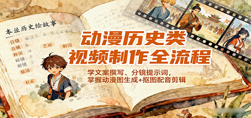 20260302033859-69a50653f2f67.png 动漫历史类视频制作全流程,学文案撰写、分镜提示词,掌握动漫图生成+抠图配音剪辑