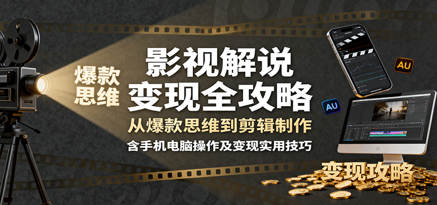 20260302034038-69a506b6aacd8.png 影视解说变现全攻略:从爆款思维到剪辑制作,含手机电脑操作及变现实用技巧