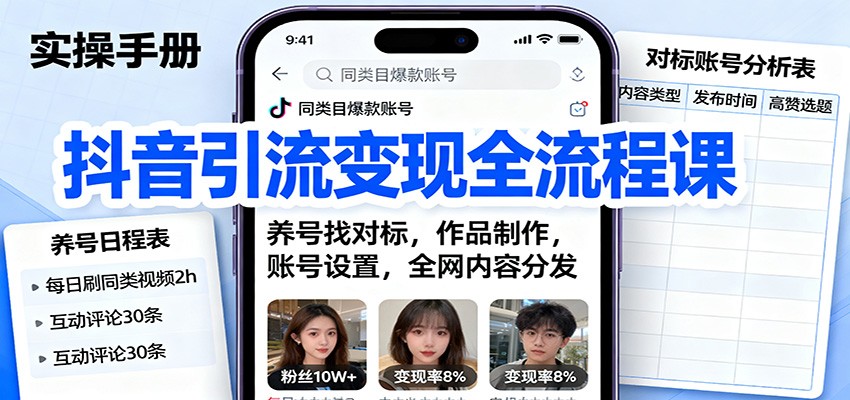 20260302034603-69a507fbcebd5.jpg 抖音引流变现全流程课:养号找对标,作品制作,账号设置,全网内容分发