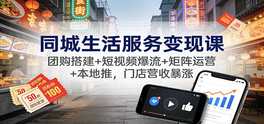 20260302035726-69a50aa655c23.jpg 同城生活服务变现课:团购搭建+短视频爆流+矩阵运营+本地推,门店营收暴涨