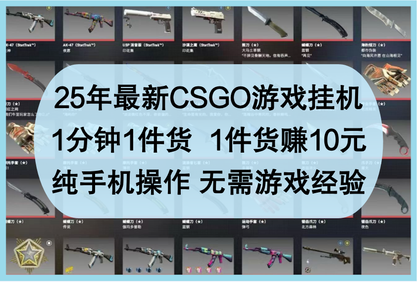 25年最新CSGO游戏挂机，1分钟1件货，1件货赚10元，纯手机操作，无需游戏经验