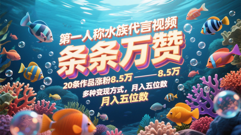 第一人称水族代言视频，条条万赞，20条作品涨粉8.5万，多种变现方式月，入五位数网赚项目-副业赚钱-互联网创业-资源整合百读客