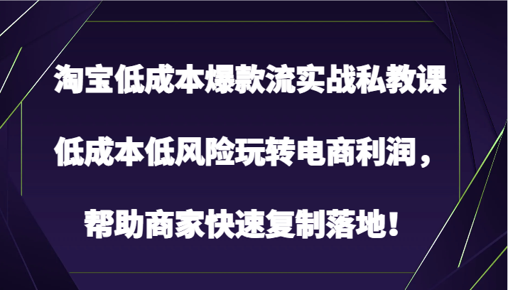 淘宝低成本爆款流实战私教课，低成本低风险玩转电商利润，帮助商家快速复制落地！网赚项目-副业赚钱-互联网创业-资源整合百读客