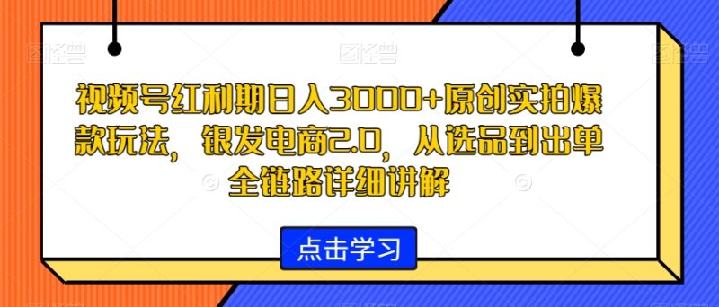 视频号红利期日入3000+原创实拍爆款玩法,银发电商2.0,从选品到出单全链路详细讲解网赚项目-副业赚钱-互联网创业-资源整合百读客