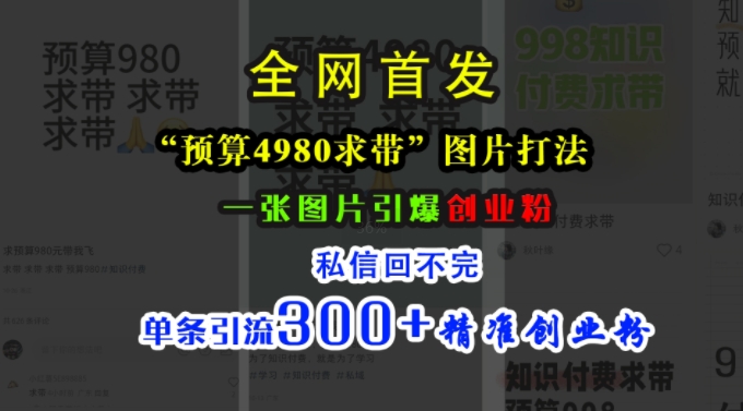 小红书“预算4980带我飞”图片打法,一张图片引爆创业粉,私信回不完,单条引流300+精准创业粉网赚项目-副业赚钱-互联网创业-资源整合百读客