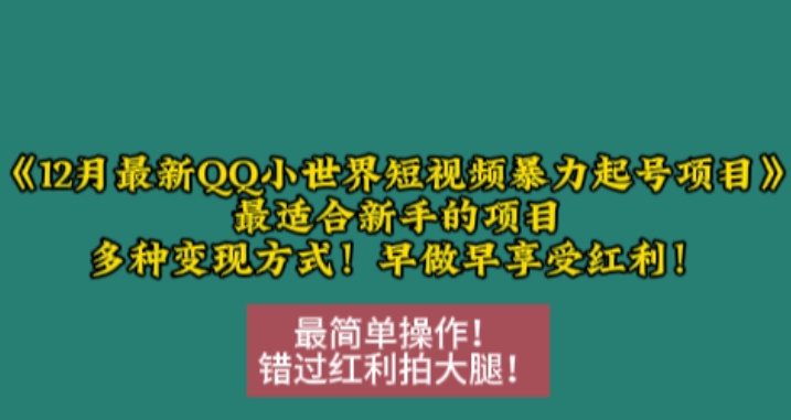 12月最新QQ小世界短视频暴力起号项目，最适合新手的项目，多种变现方式网赚项目-副业赚钱-互联网创业-资源整合百读客