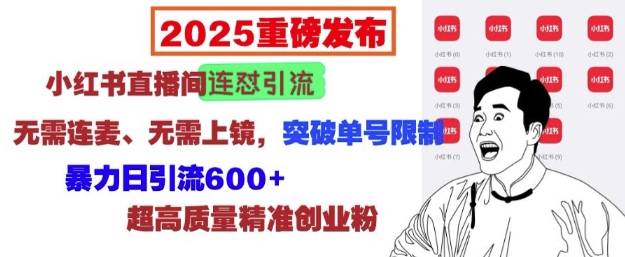 2025重磅发布:小红书直播间连怼引流,无需连麦、无需上镜,突破单号限制,暴力日引流600+网赚项目-副业赚钱-互联网创业-资源整合百读客