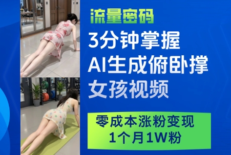 3分钟掌握AI生成俯卧撑女孩视频,零成本涨粉变现,1个月1W粉网赚项目-副业赚钱-互联网创业-资源整合百读客