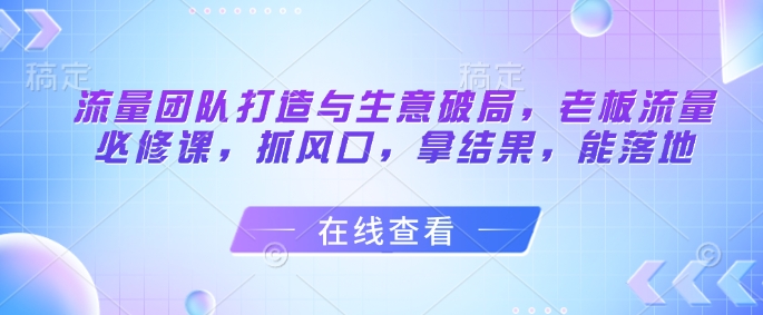 流量团队打造与生意破局,老板流量必修课,抓风口,拿结果,能落地网赚项目-副业赚钱-互联网创业-资源整合百读客
