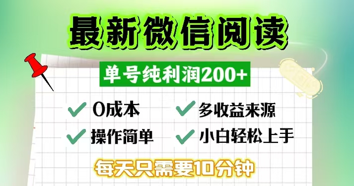 微信阅读最新玩法,每天十分钟,单号一天200+,简单0零成本,当日提现网赚项目-副业赚钱-互联网创业-资源整合百读客