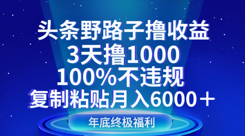头条野路子撸收益，3天撸1000，100%不违规，复制粘贴月入6000＋网赚项目-副业赚钱-互联网创业-资源整合百读客