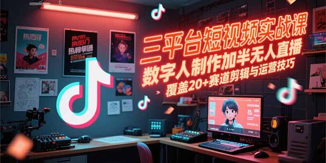 三平台短视频实战课,数字人制作加半无人直播,覆盖20+赛道剪辑与运营技巧网赚项目-副业赚钱-互联网创业-资源整合百读客