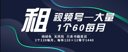 租视频号,一个60每月,2个120.纯绿色、无风险,常年租网赚项目-副业赚钱-互联网创业-资源整合百读客