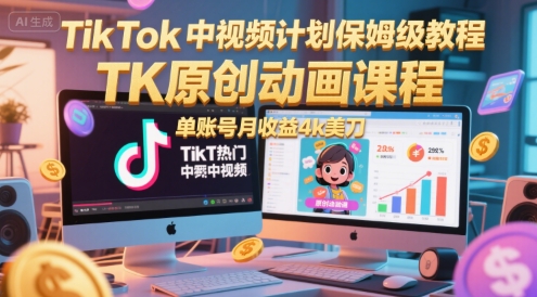 TikTok中视频计划保姆级教程，TK原创动画课程，单账号月收益4k美刀网赚项目-副业赚钱-互联网创业-资源整合百读客