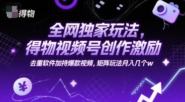 全网独家玩法，得物视频号创作激励 去重软件加持爆款视频，矩阵玩法月入几个w网赚项目-副业赚钱-互联网创业-资源整合百读客