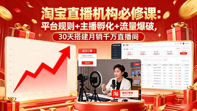 淘宝直播机构必修课:平台规则/主播孵化/流量爆破,30天搭建月销千万直播间网赚项目-副业赚钱-互联网创业-资源整合百读客