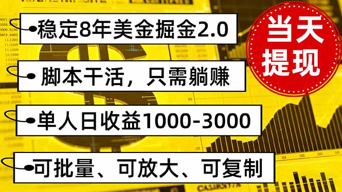 稳定8年美金掘金2.0脚本干活，只需躺赚。单人日收益1000-3000可批量、…网赚项目-副业赚钱-互联网创业-资源整合百读客