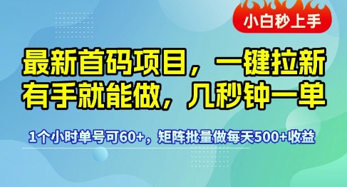 最新首码项目,一键拉新有手就能做,几秒钟一单,1个小时单号可60+,矩阵批量做每天5张网赚项目-副业赚钱-互联网创业-资源整合百读客