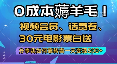 0成本薅羊毛!视频会员、话费卷、30元电影票白送，分享我如何靠转卖一天变现5张+网赚项目-副业赚钱-互联网创业-资源整合百读客