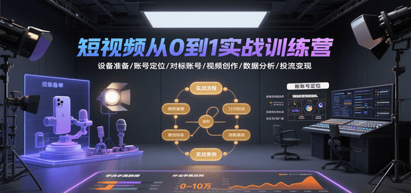 短视频从0到1实战训练营：设备准备/账号定位/对标账号/视频创作/数据分析/投流变现网赚项目-副业赚钱-互联网创业-资源整合百读客