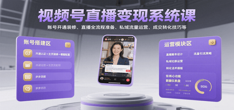 视频号直播变现系统课，账号开通装修、直播全流程准备、私域流量运营、成交转化技巧等网赚项目-副业赚钱-互联网创业-资源整合百读客
