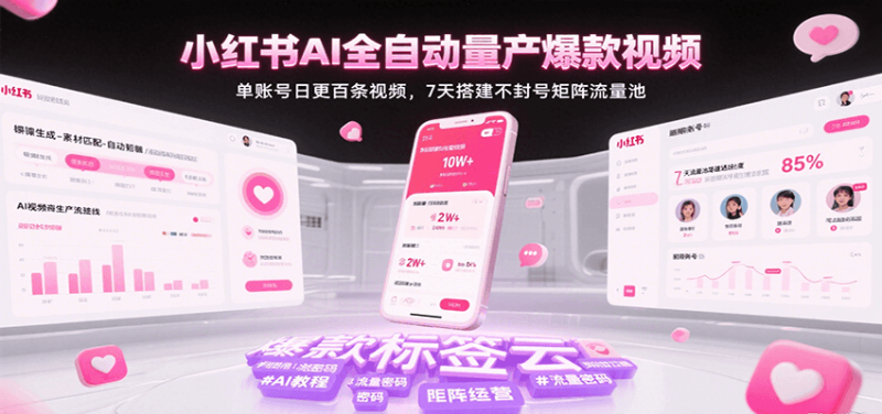 小红书AI全自动量产爆款视频,单账号日更百条视频,7天搭建不封号矩阵流量池网赚项目-副业赚钱-互联网创业-资源整合百读客