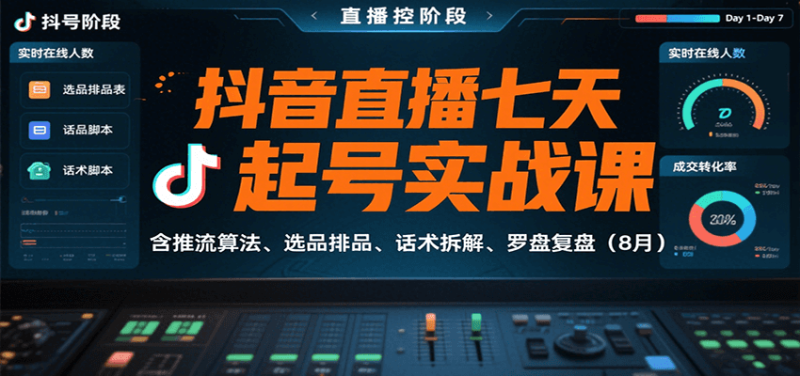 抖音直播七天起号实战课:含推流算法、选品排品、话术拆解、罗盘复盘(8月)网赚项目-副业赚钱-互联网创业-资源整合百读客