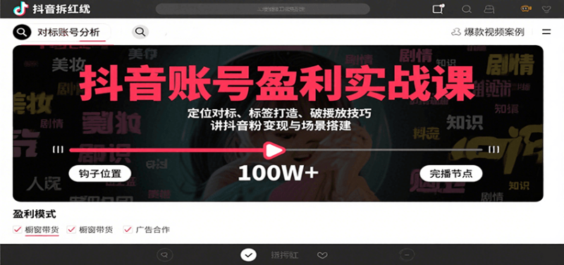 抖音账号盈利实战课,定位对标、标签打造、破播放技巧,讲涨粉变现与场景搭建网赚项目-副业赚钱-互联网创业-资源整合百读客