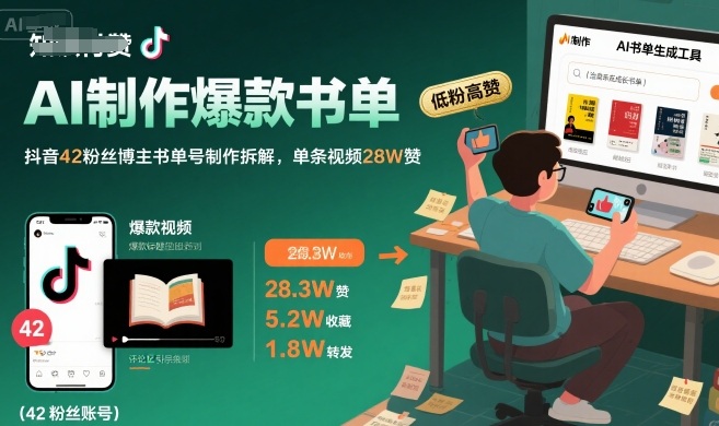 AI制作爆款书单,抖音42粉丝博主书单号制作拆解,单条视频28W赞网赚项目-副业赚钱-互联网创业-资源整合百读客
