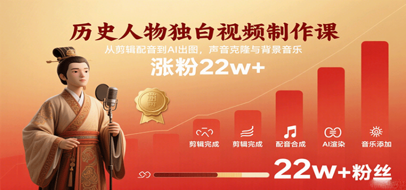 历史人物独白视频制作课,从剪辑配音到AI出图,声音克隆与背景音乐,涨粉22w+网赚项目-副业赚钱-互联网创业-资源整合百读客