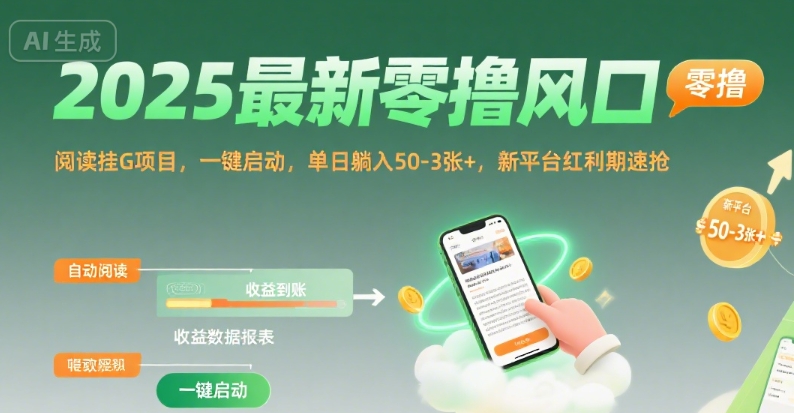 2025最新零撸风口，阅读挂G项目，一键启动，单日躺入 50-3张+，新平台红利期速抢网赚项目-副业赚钱-互联网创业-资源整合百读客