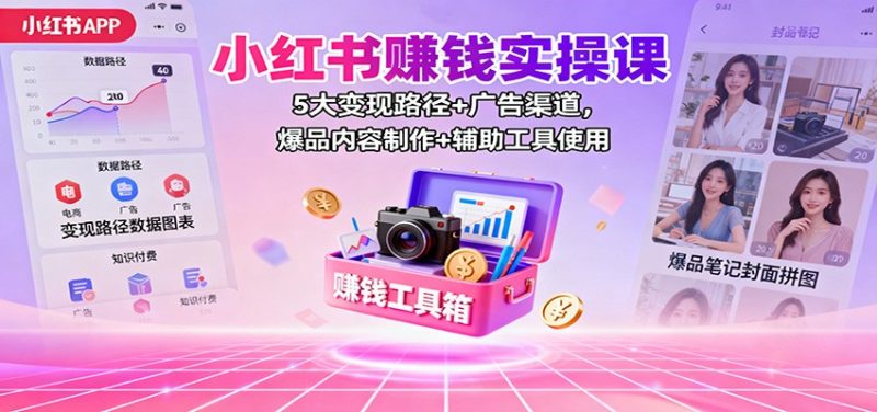 小红书赚钱实操课：5大变现路径+广告渠道，爆品内容制作+辅助工具使用网赚项目-副业赚钱-互联网创业-资源整合百读客