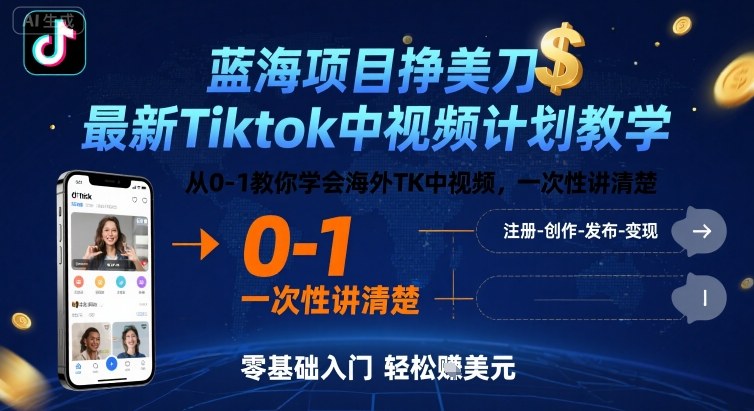 蓝海项目挣美刀,最新Tiktok中视频计划教学,从0-1教你学会海外TK中视频,一次性讲清楚网赚项目-副业赚钱-互联网创业-资源整合百读客