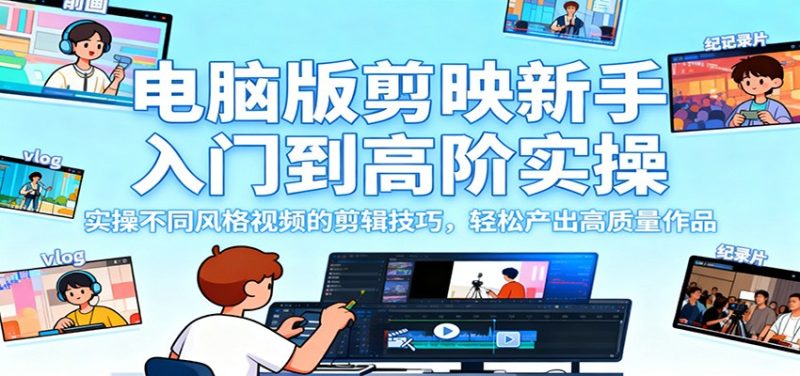 电脑版剪映新手入门到高阶实操，实操不同风格视频的剪辑技巧，轻松产出高质量作品网赚项目-副业赚钱-互联网创业-资源整合百读客