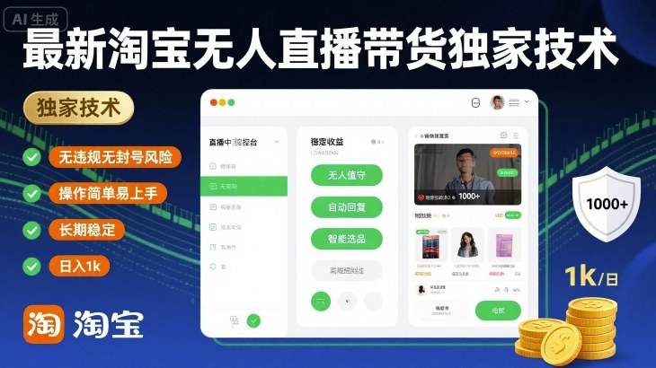最新淘宝无人直播带货独家技术,无违规无封号风险,操作简单易上手,长期稳定日入1k网赚项目-副业赚钱-互联网创业-资源整合百读客