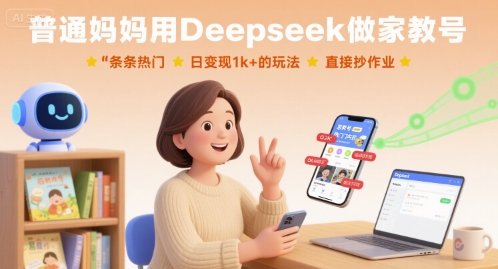 普通妈妈用Deepseek做家教号，条条热门，日变现1k+的玩法，直接抄作业网赚项目-副业赚钱-互联网创业-资源整合百读客