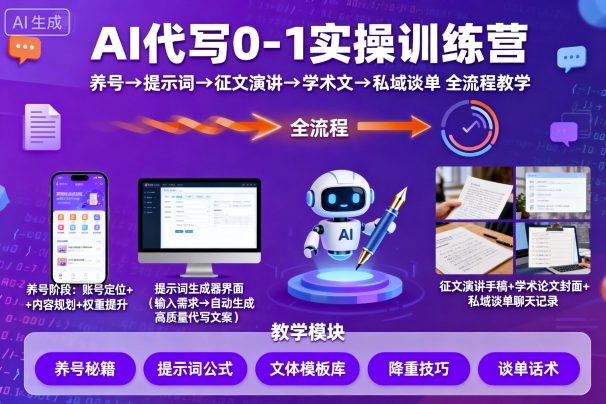 AI代写0-1实操训练营,从养号、提示词、征文演讲、学术文,到私域谈单的全流程教学网赚项目-副业赚钱-互联网创业-资源整合百读客