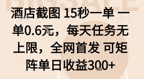 酒店截图15秒一单,一单0.6米,每天任务无上限,全网首发可矩阵单日收益3张网赚项目-副业赚钱-互联网创业-资源整合百读客