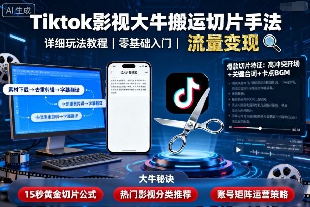 Tiktok影视大牛搬运切片手法，详细玩法教程网赚项目-副业赚钱-互联网创业-资源整合百读客