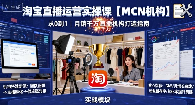 淘宝直播运营实操课【MCN机构】，从0到1做一家月销千W的直播机构网赚项目-副业赚钱-互联网创业-资源整合百读客