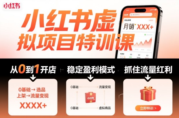 小红书虚拟项目特训课，帮你从0到1打造稳定盈利的店铺，抓住流量红利（更新9月）网赚项目-副业赚钱-互联网创业-资源整合百读客