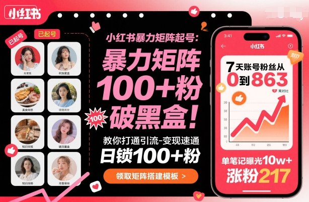 小红书暴力矩阵起号,教你打通引流-变现速通,日锁100+粉,破流量黑盒网赚项目-副业赚钱-互联网创业-资源整合百读客