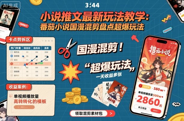 小说推文最新玩法教学，番茄小说国漫混剪盘点超爆玩法，全程干货，一天收益多张网赚项目-副业赚钱-互联网创业-资源整合百读客