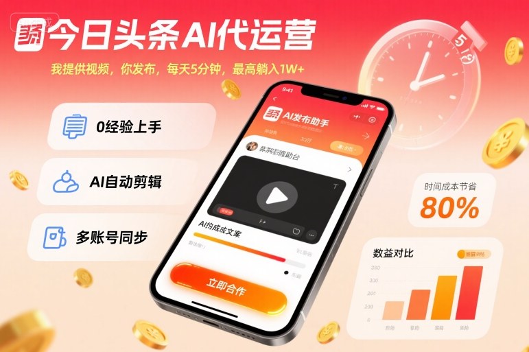 今日头条AI代运营，我提供视频，你发布，每天5分钟，最高躺入1W+网赚项目-副业赚钱-互联网创业-资源整合百读客