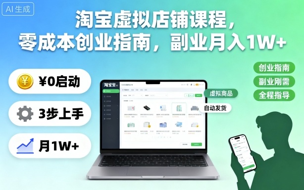 淘宝虚拟店铺课程，零成本创业指南，副业月入1W+网赚项目-副业赚钱-互联网创业-资源整合百读客