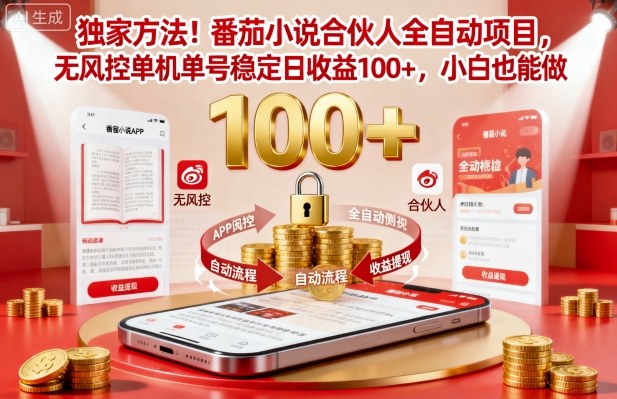 独家方法！番茄小说合伙人全自动挂G项目，无风控单机单号稳定日收益100+，小白也能做网赚项目-副业赚钱-互联网创业-资源整合百读客