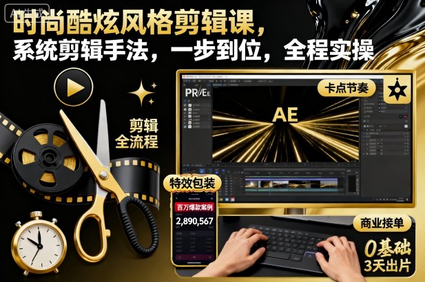 时尚酷炫风格剪辑课，系统剪辑手法，一步到位，全程实操网赚项目-副业赚钱-互联网创业-资源整合百读客