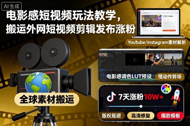 电影感短视频玩法教学,搬运外网短视频剪辑发布涨粉网赚项目-副业赚钱-互联网创业-资源整合百读客