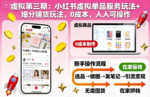 虚拟第三期:小红书虚拟单品服务玩法+细分铺货玩法,0成本,人人可操作(更新)网赚项目-副业赚钱-互联网创业-资源整合百读客